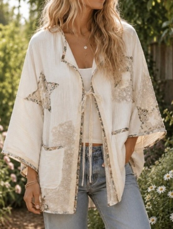 POL Jackets & Blazers - POL Ivory Star Applique Lace Tie-Front Cardigan NEW Size S